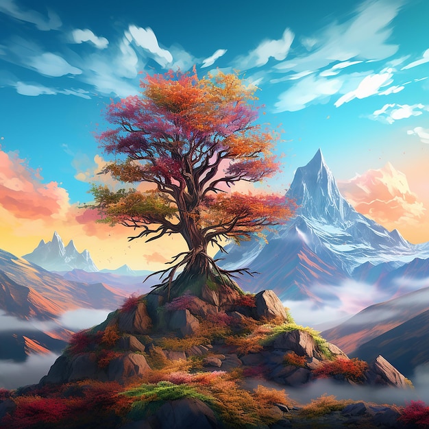 3d rendered photo of A digital painting of a mountain with a colorful tree in the foreground