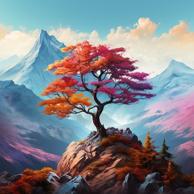 3d rendered photo of A digital painting of a mountain with a colorful tree in the foreground