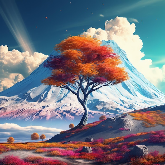 3d rendered photo of A digital painting of a mountain with a colorful tree in the foreground