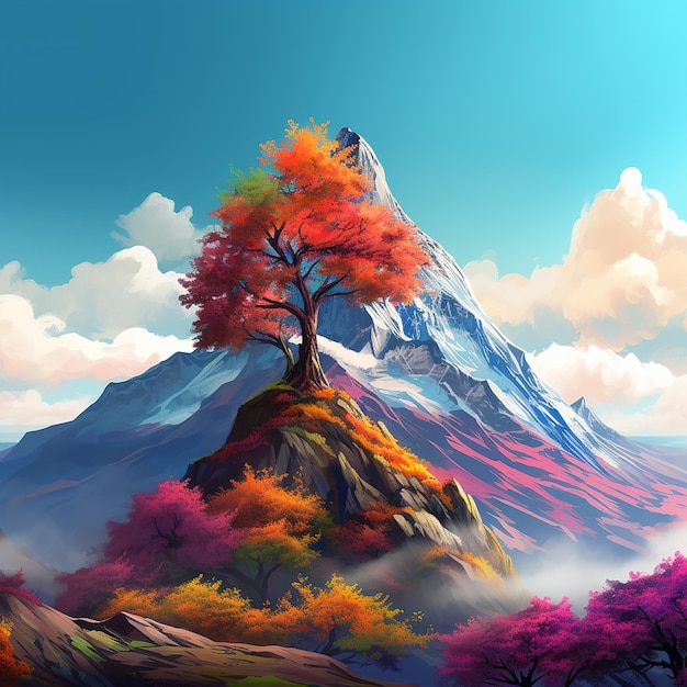 3d rendered photo of A digital painting of a mountain with a colorful tree in the foreground