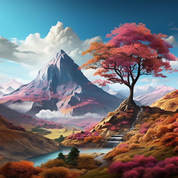 3d rendered photo of A digital painting of a mountain with a colorful tree in the foreground