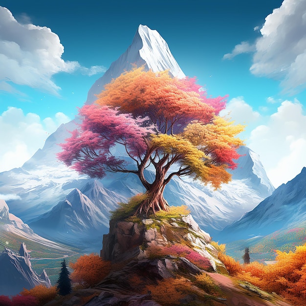 3d rendered photo of A digital painting of a mountain with a colorful tree in the foreground