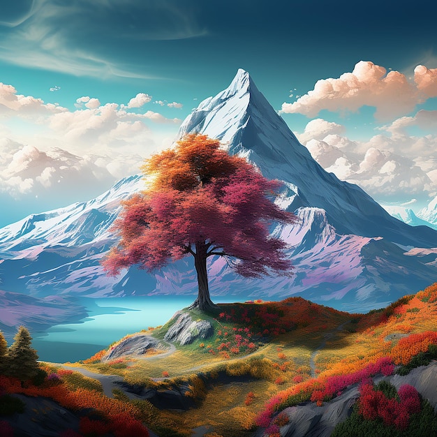 3d rendered photo of A digital painting of a mountain with a colorful tree in the foreground