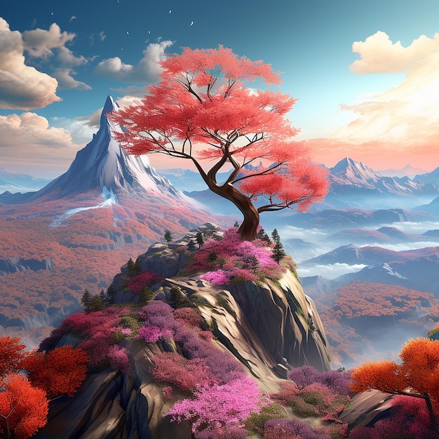 3d rendered photo of A digital painting of a mountain with a colorful tree in the foreground