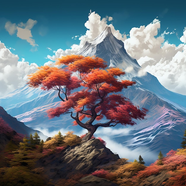 3d rendered photo of A digital painting of a mountain with a colorful tree in the foreground