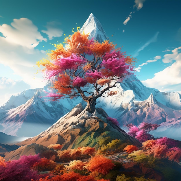 3d rendered photo of A digital painting of a mountain with a colorful tree in the foreground