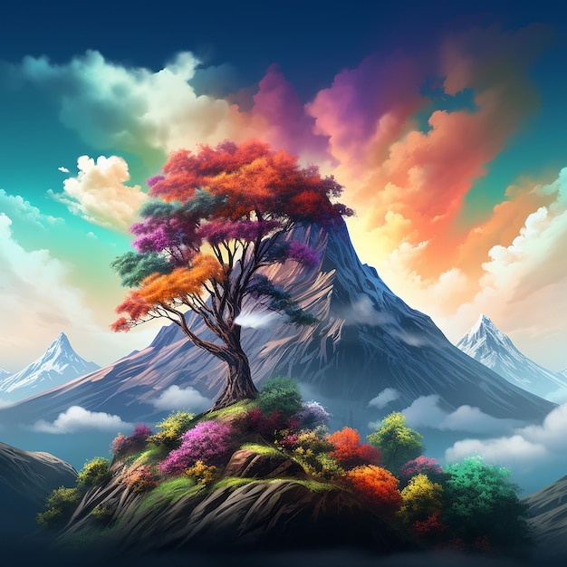 3d rendered photo of A digital painting of a mountain with a colorful tree in the foreground