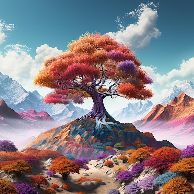 3d rendered photo of A digital painting of a mountain with a colorful tree in the foreground