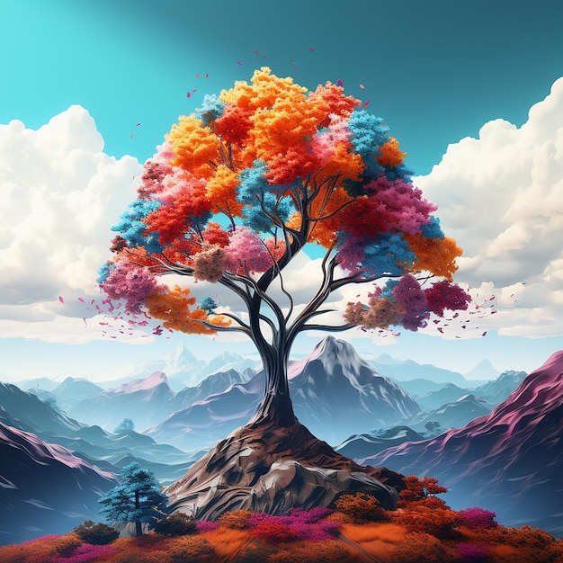 3d rendered photo of A digital painting of a mountain with a colorful tree in the foreground