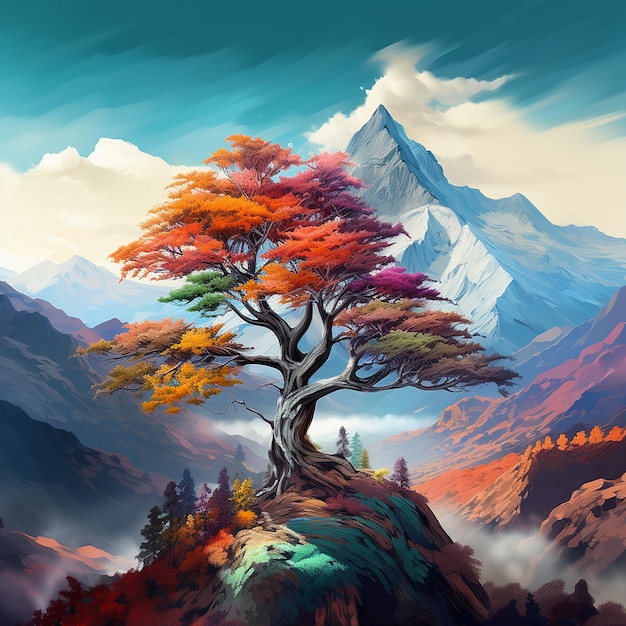 3d rendered photo of A digital painting of a mountain with a colorful tree in the foreground