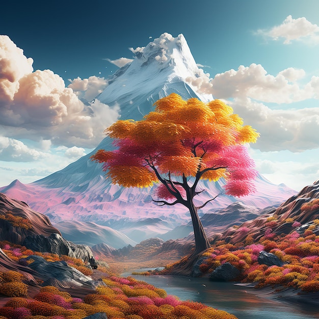 3d rendered photo of A digital painting of a mountain with a colorful tree in the foreground