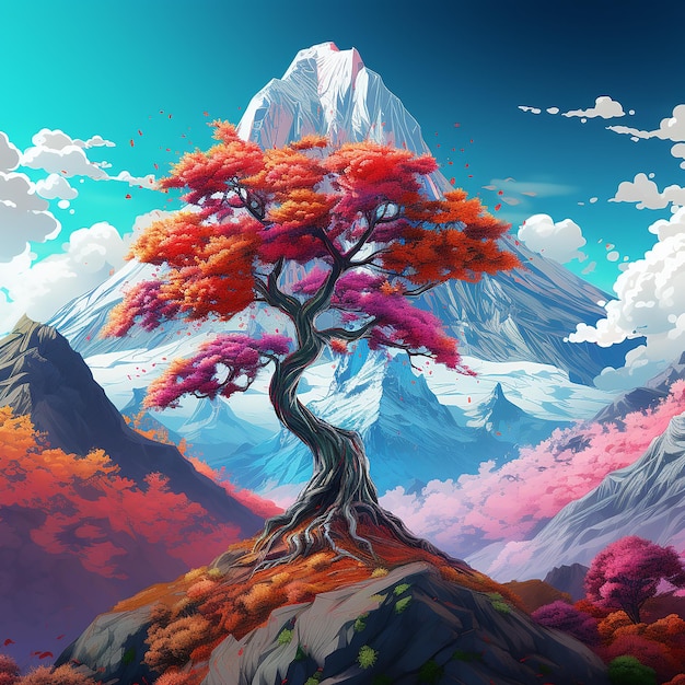 3d rendered photo of A digital painting of a mountain with a colorful tree in the foreground