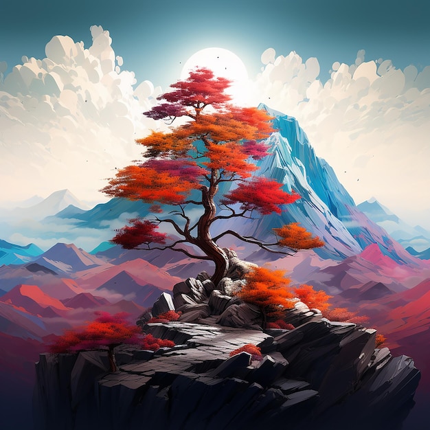 3d rendered photo of A digital painting of a mountain with a colorful tree in the foreground