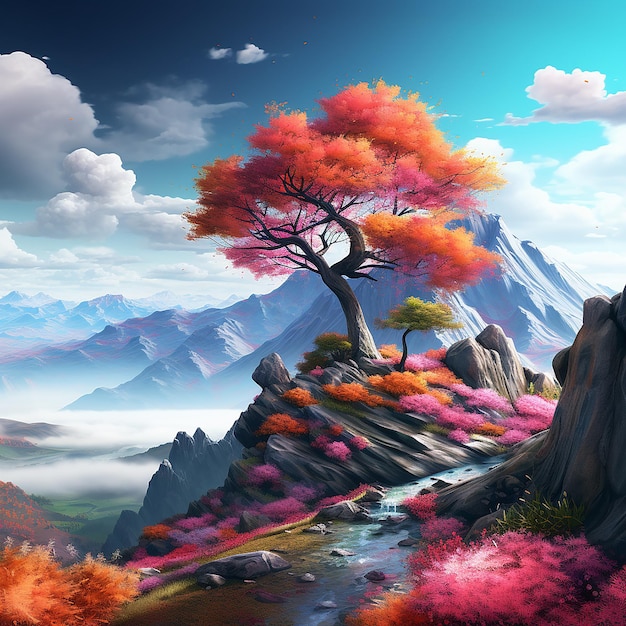 3d rendered photo of A digital painting of a mountain with a colorful tree in the foreground