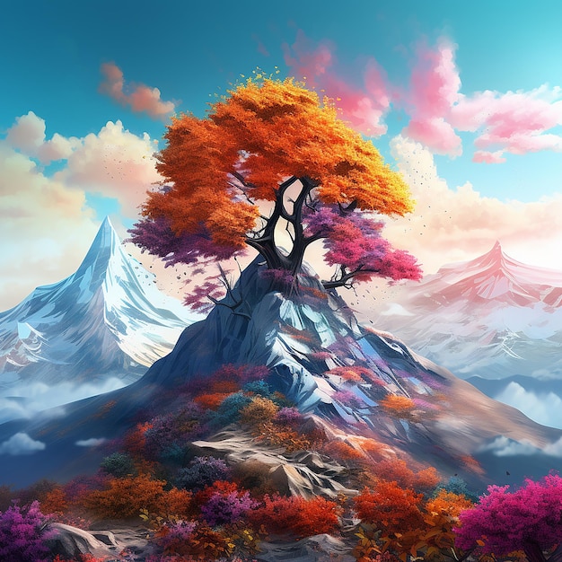 3d rendered photo of A digital painting of a mountain with a colorful tree in the foreground