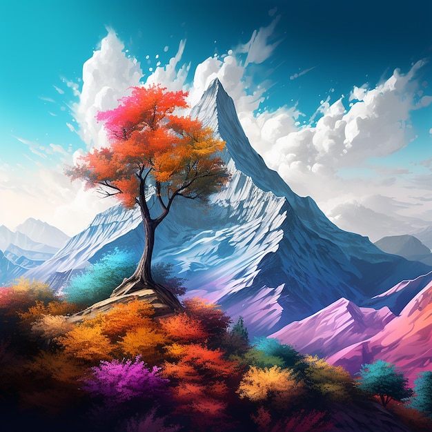 3d rendered photo of A digital painting of a mountain with a colorful tree in the foreground