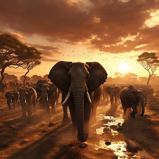 3d rendered photo of Elephant herd against the sunset