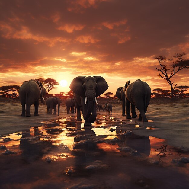 3d rendered photo of Elephant herd against the sunset