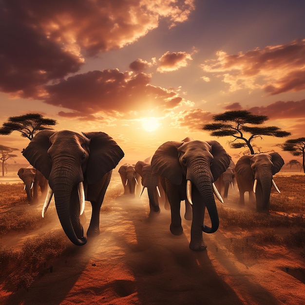 3d rendered photo of Elephant herd against the sunset