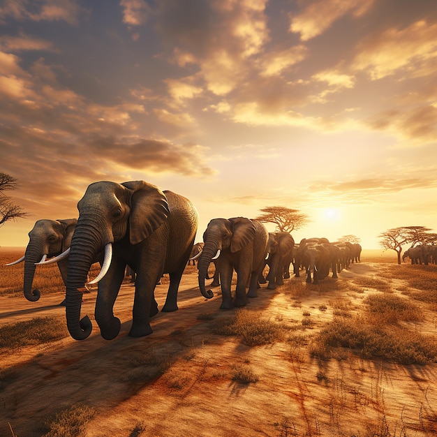 3d rendered photo of Elephant herd against the sunset