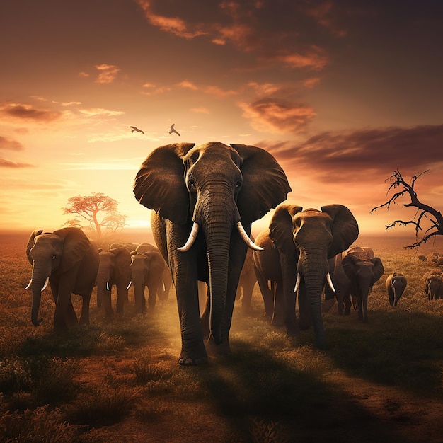 3d rendered photo of Elephant herd against the sunset