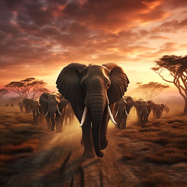 3d rendered photo of Elephant herd against the sunset