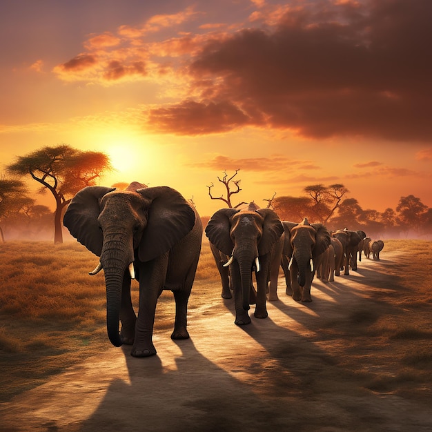 3d rendered photo of Elephant herd against the sunset