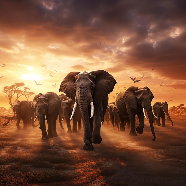 3d rendered photo of Elephant herd against the sunset