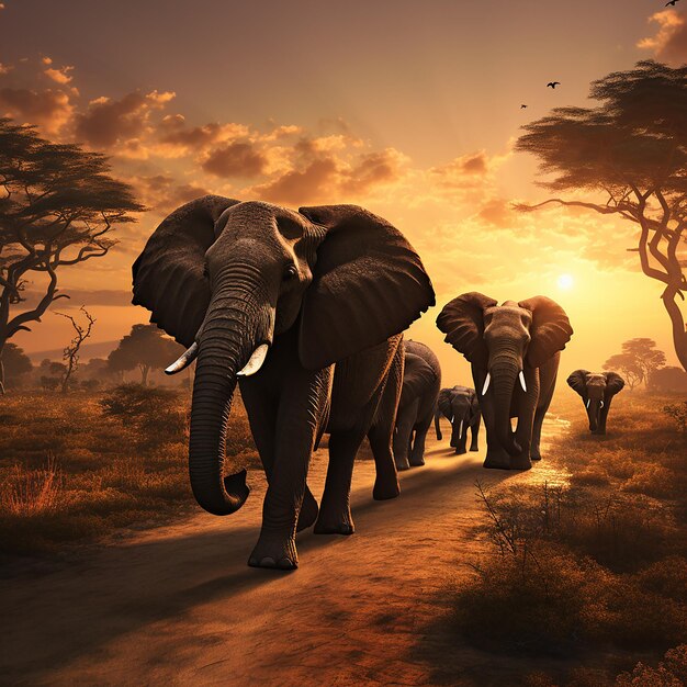 3d rendered photo of Elephant herd against the sunset