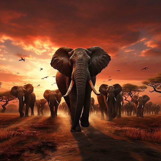 3d rendered photo of Elephant herd against the sunset