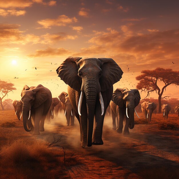 3d rendered photo of Elephant herd against the sunset