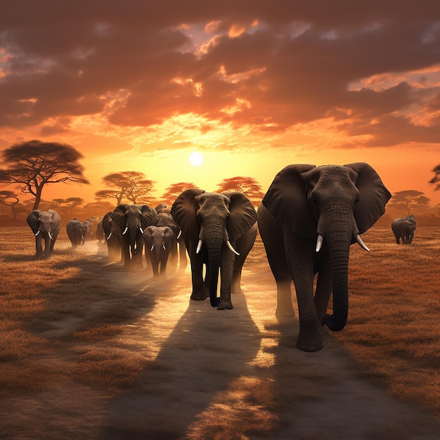 3d rendered photo of Elephant herd against the sunset