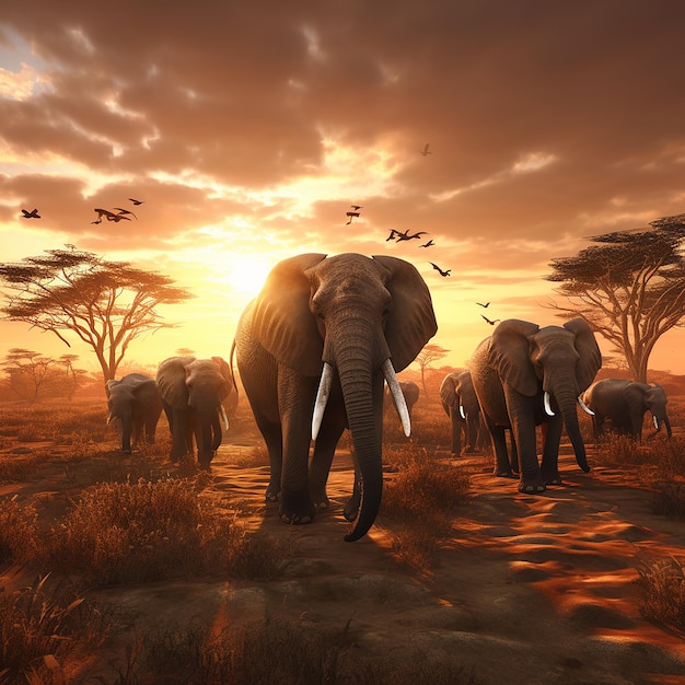 3d rendered photo of Elephant herd against the sunset