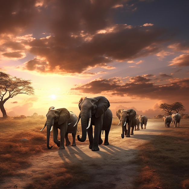 3d rendered photo of Elephant herd against the sunset