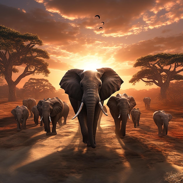 3d rendered photo of Elephant herd against the sunset