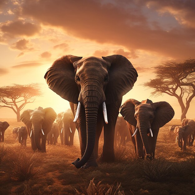 3d rendered photo of Elephant herd against the sunset