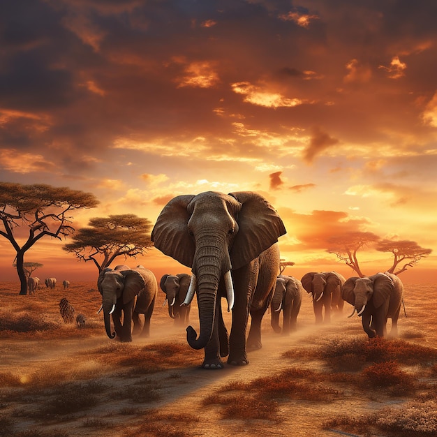 3d rendered photo of Elephant herd against the sunset