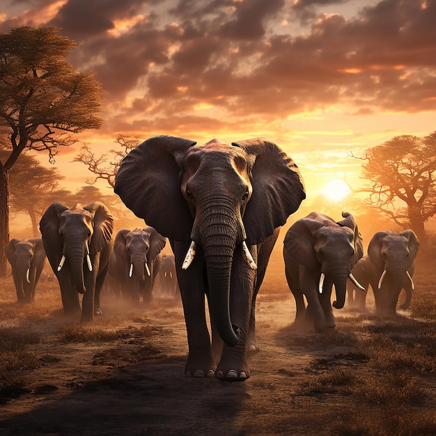 3d rendered photo of Elephant herd against the sunset