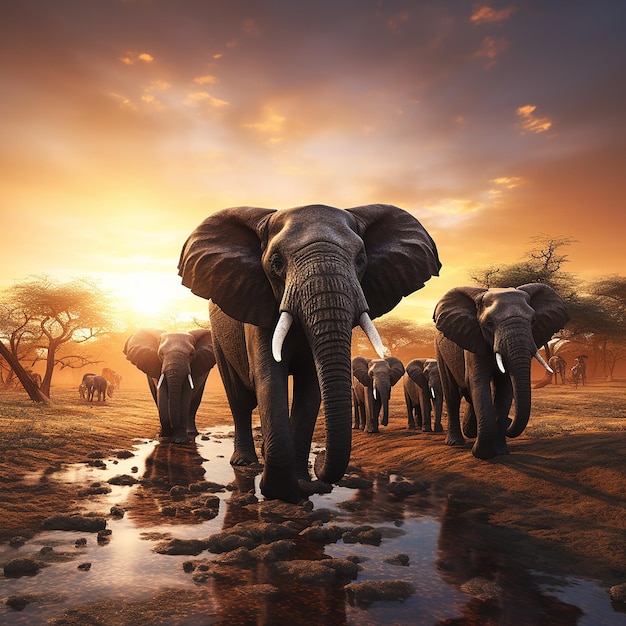 3d rendered photo of Elephant herd against the sunset