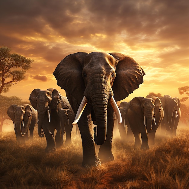 3d rendered photo of Elephant herd against the sunset