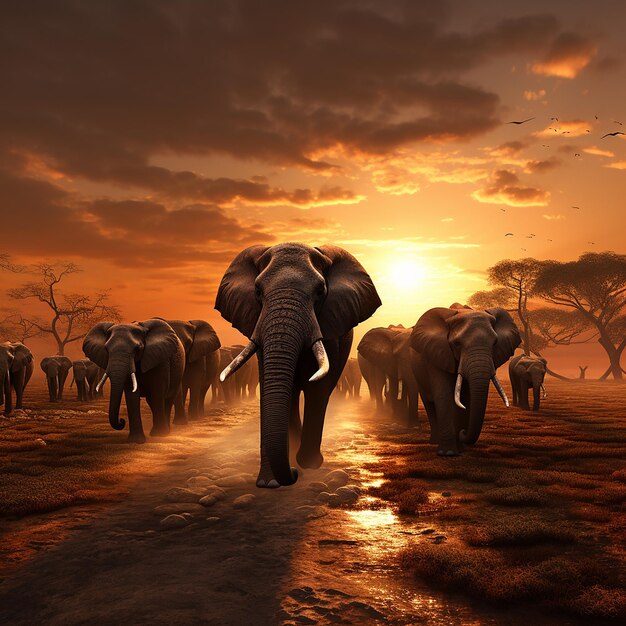 3d rendered photo of Elephant herd against the sunset