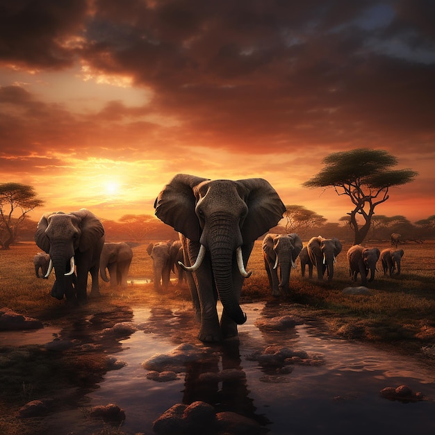 3d rendered photo of Elephant herd against the sunset