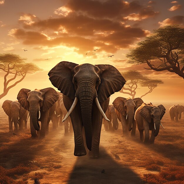 3d rendered photo of Elephant herd against the sunset