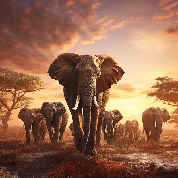 3d rendered photo of Elephant herd against the sunset