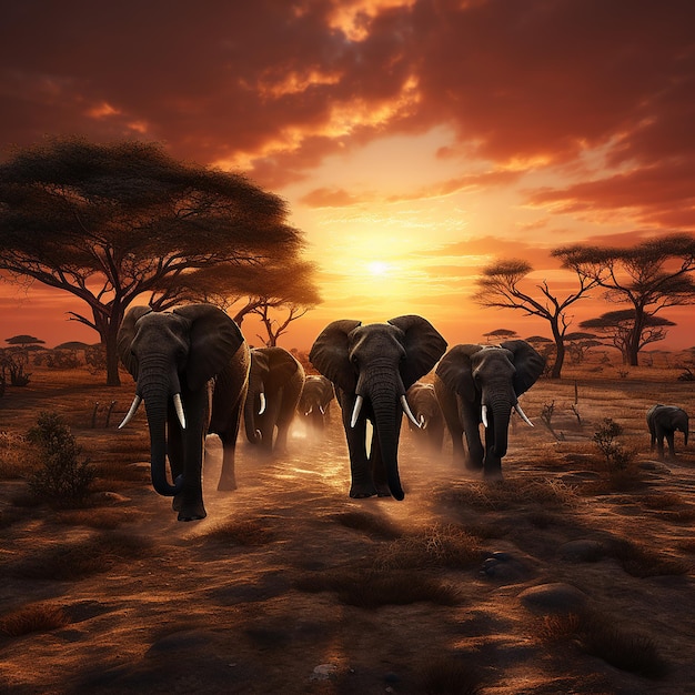 3d rendered photo of Elephant herd against the sunset