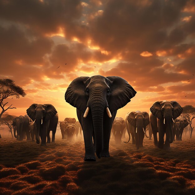 3d rendered photo of Elephant herd against the sunset