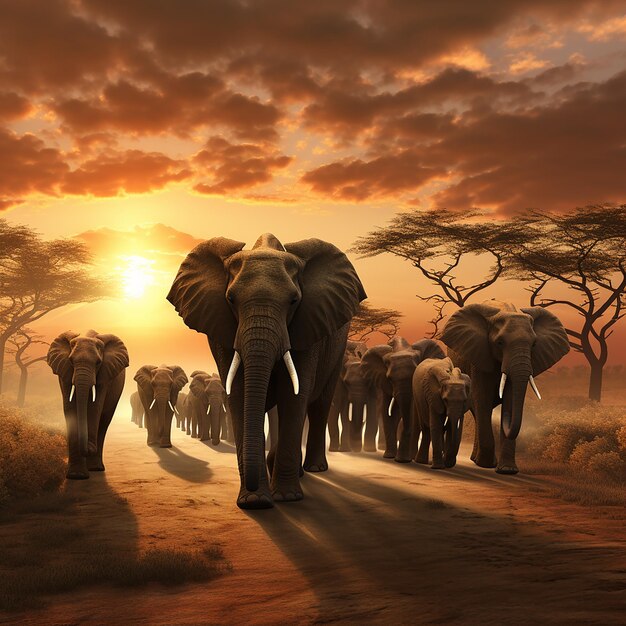 3d rendered photo of Elephant herd against the sunset