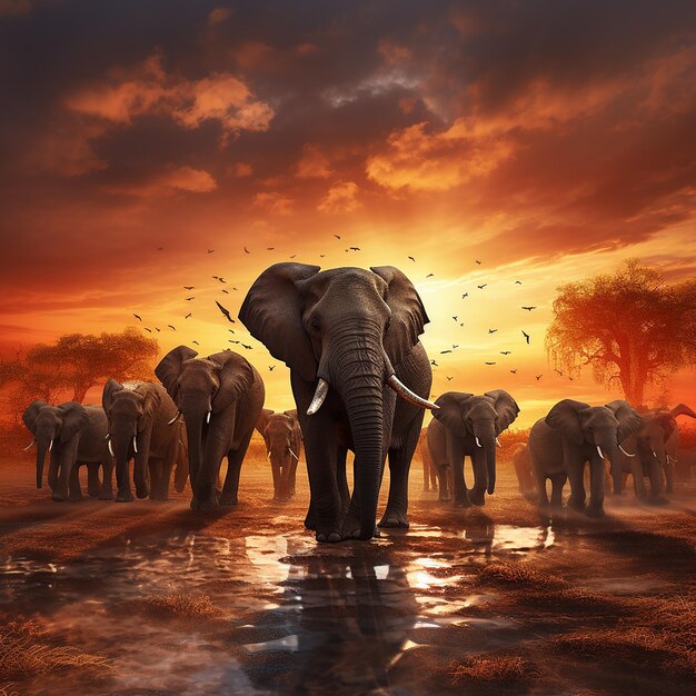 3d rendered photo of Elephant herd against the sunset