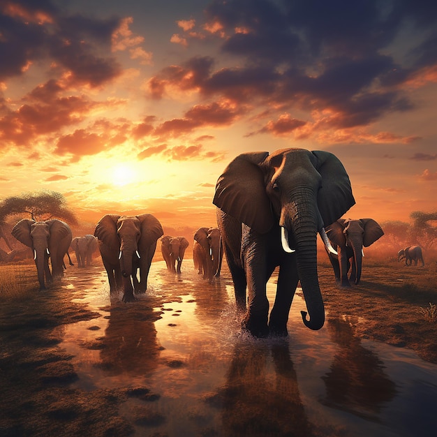 3d rendered photo of Elephant herd against the sunset