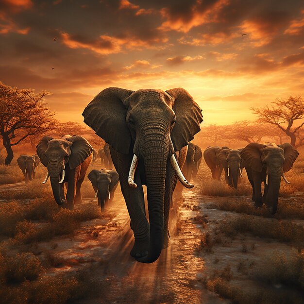 3d rendered photo of Elephant herd against the sunset